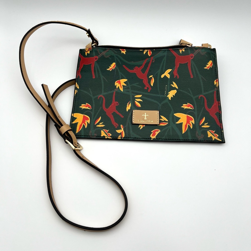 Carlota Mexico - Green Leather Crossbody Bag with Monkey Print (Broken Zipper)